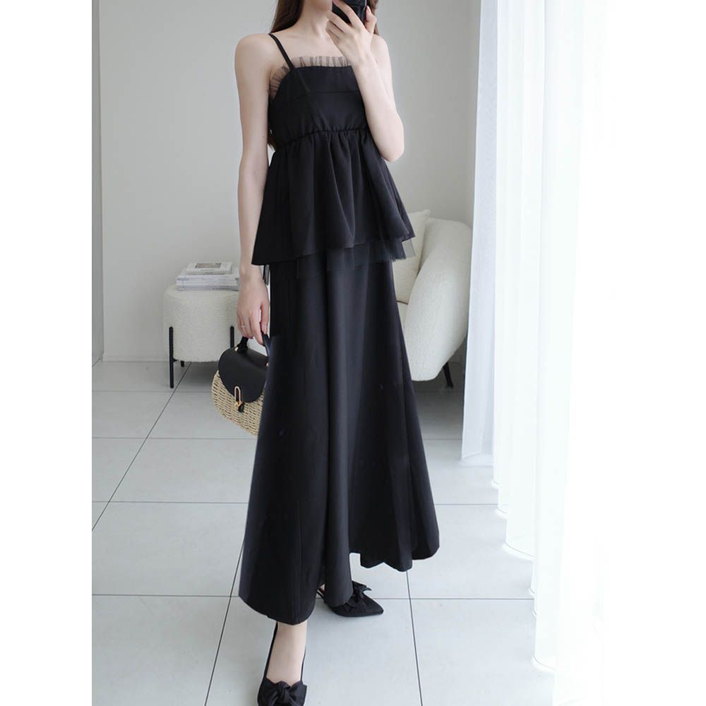 酷甜薄紗腰線修身背心洋裝-黑