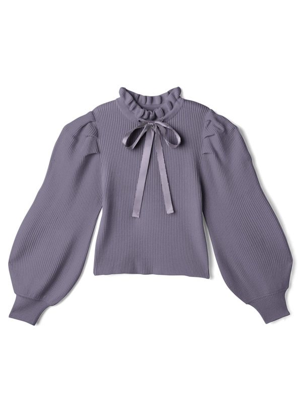 日本 GRL - 復古花邊領綁帶澎袖針織長袖上衣-丁香紫