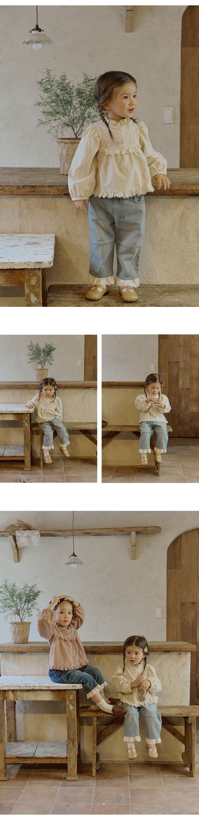 韓國 Puellaflo - 法式布花點綴鈕扣長袖上衣-米杏