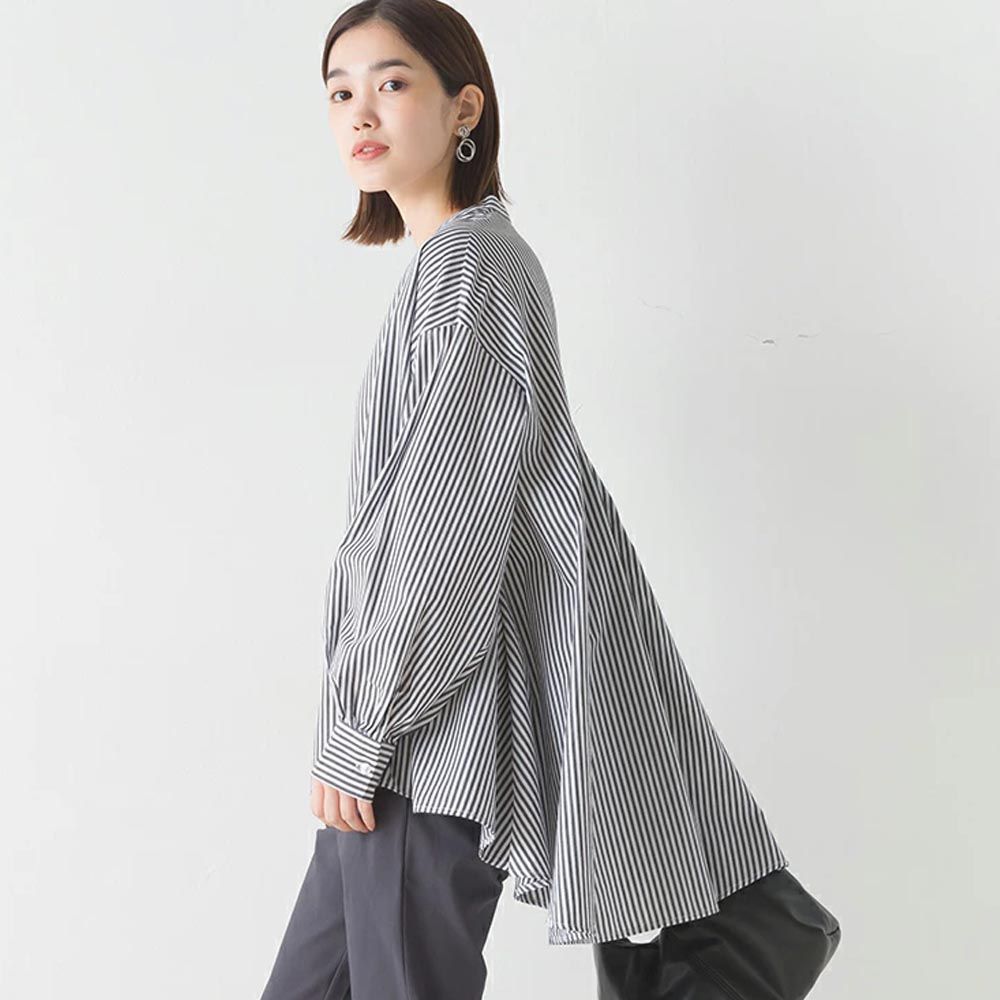 日本 OMNES - 100%棉 前短後長寬鬆長袖襯衫-條紋-黑白