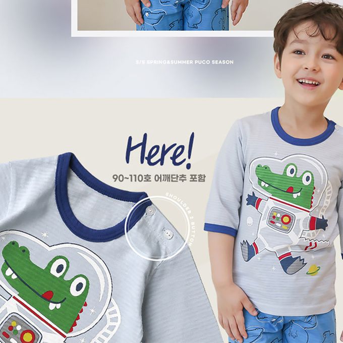 正韓 Puco - 超優質嬰幼兒/兒童七分袖100% 有機純棉家居服/睡衣-太空鱷魚