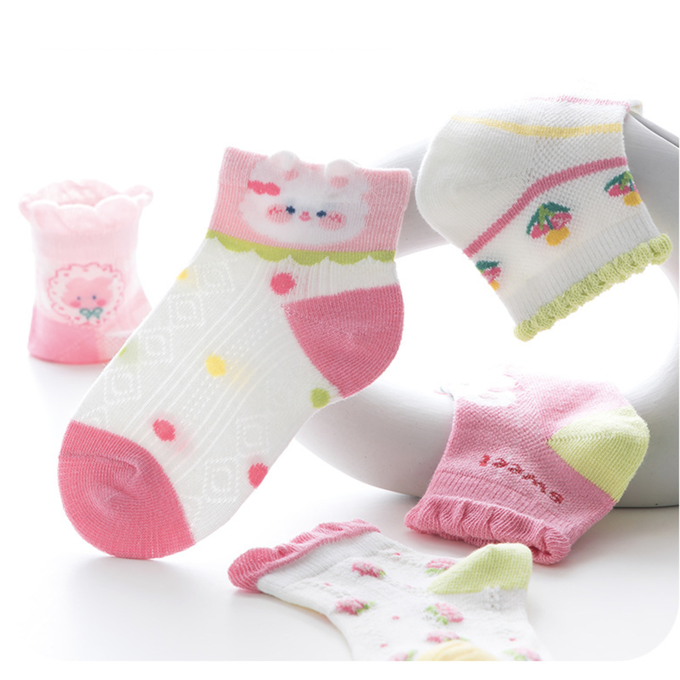 love, charlotte - 泡泡花邊兔兔草莓小花網眼短筒棉襪-5 雙一組