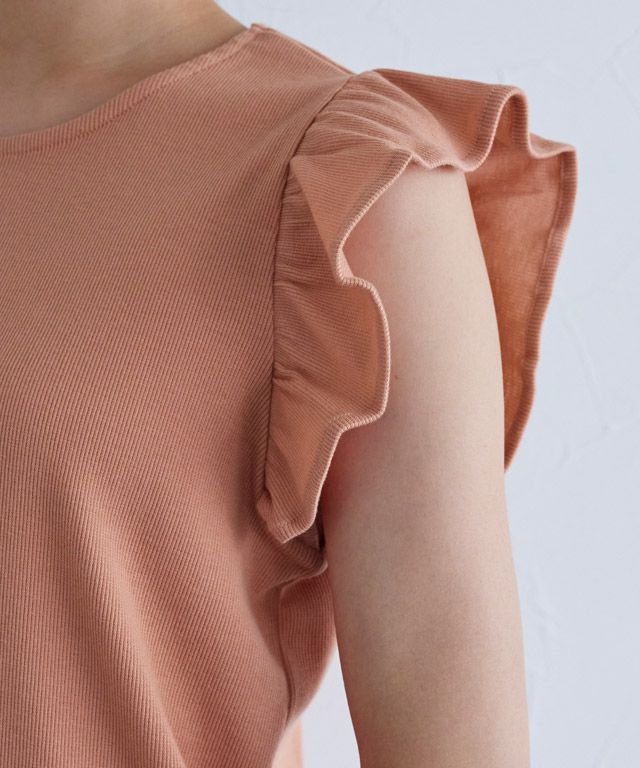 日本 Pierrot - 棉混柔美圓領荷葉袖上衣-珊瑚橘