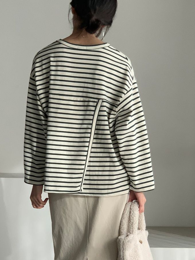 韓國女裝連線 - 不對稱後開衩條紋長袖上衣-墨綠 (FREE)