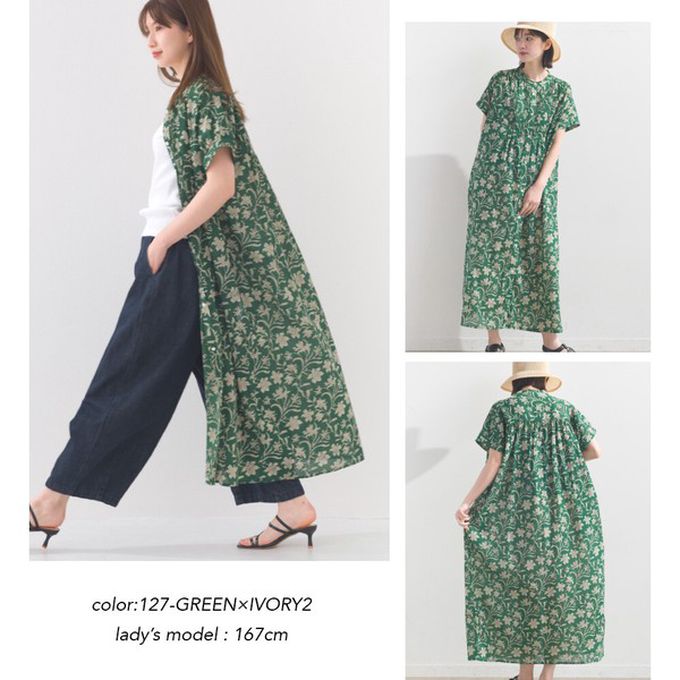 日本 OMNES - 100%印度棉 襯衫式印花短袖洋裝-紫版滿花