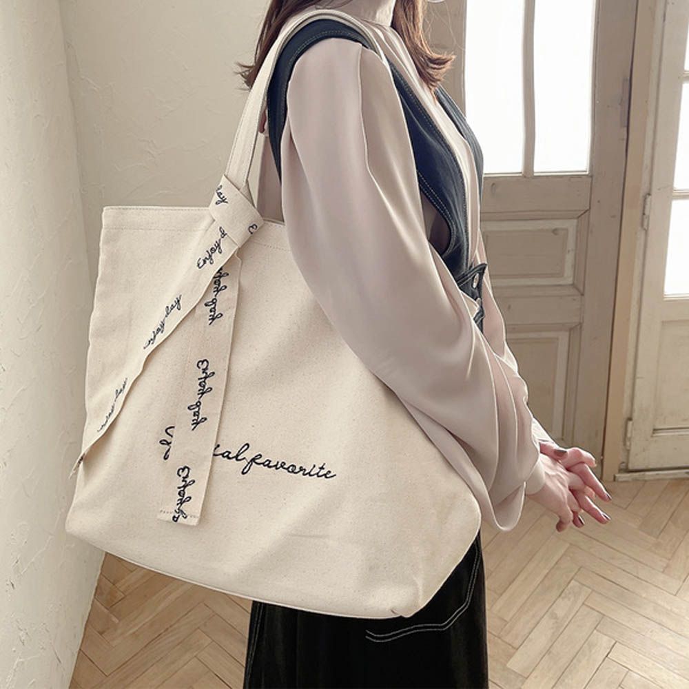 氣質緞帶帆布大容量手提包-象牙 (F)