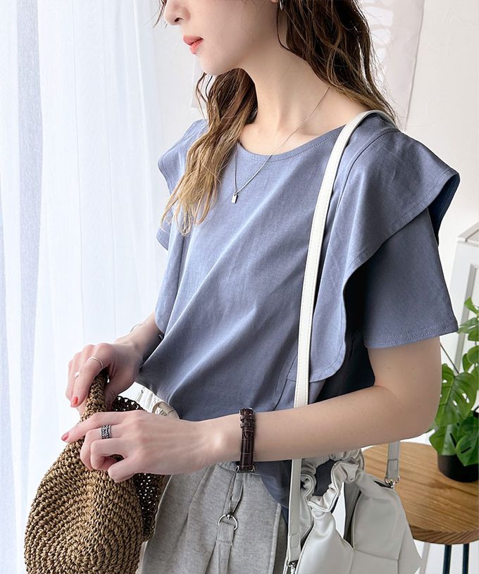 日本 Classical Elf - 純棉柔滑光澤感荷葉袖上衣-灰杏