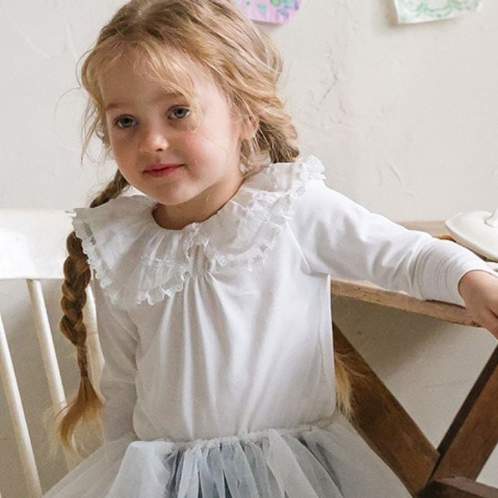 Puellaflo 法式浪漫精緻蕾絲翻領長袖上衣-白