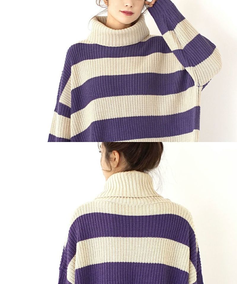日本 zootie - 高領柔軟後開衩針織毛衣-條紋-葡萄紫