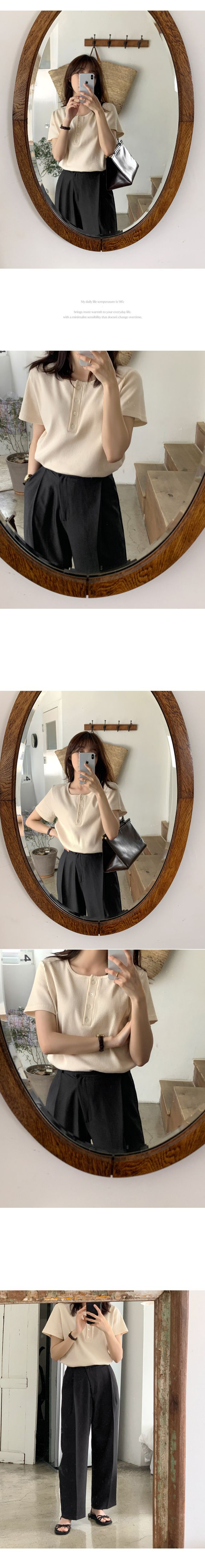 韓國 98doci - 經典直紋鈕扣短袖上衣-米黃