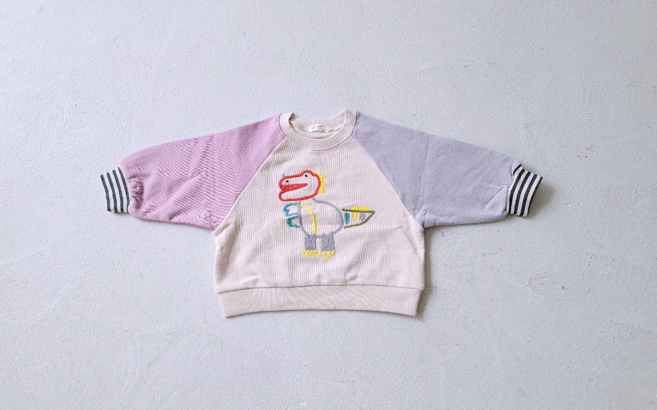 韓國 Mimico - 童趣拼色胖胖恐龍T-粉紅X灰