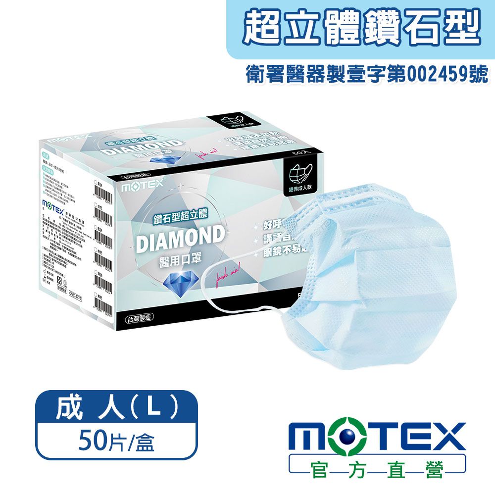 MOTEX 摩戴舒 - 摩戴舒 醫用口罩(未滅菌)-鑽石成人口罩-藍色 (L-16.5x9.5cm)-50片裸裝/盒