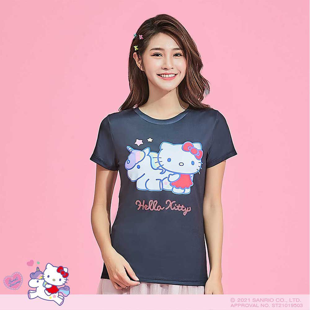 WIWI - 長版-群花Hello Kitty防曬排汗涼感衣-女-湛海藍