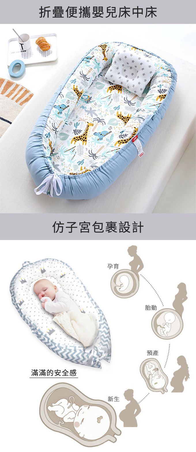 JoyNa - 嬰兒床中床 純棉新生兒睡窩 贈枕頭/防塵袋-藍灰樹葉 (50*85*13cm)