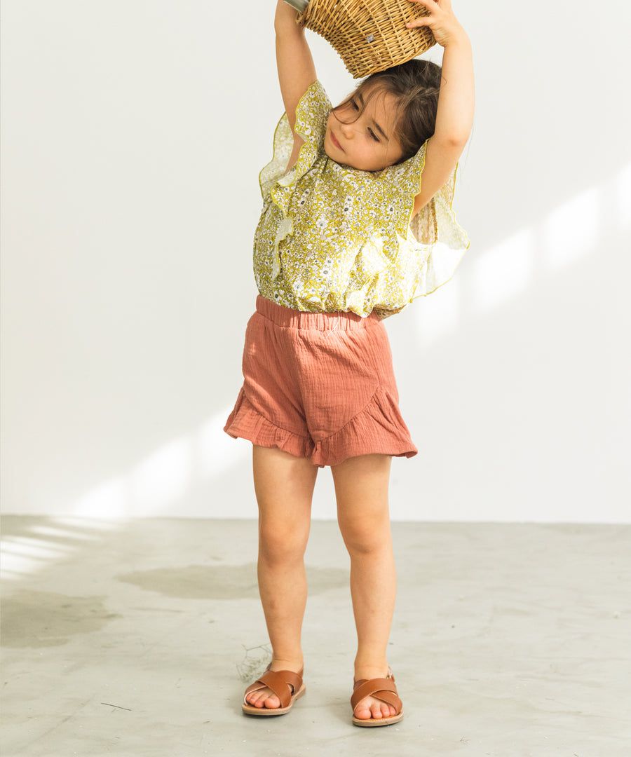 日本 PAIRMANON - 純棉荷葉造型皺皺短褲-杏