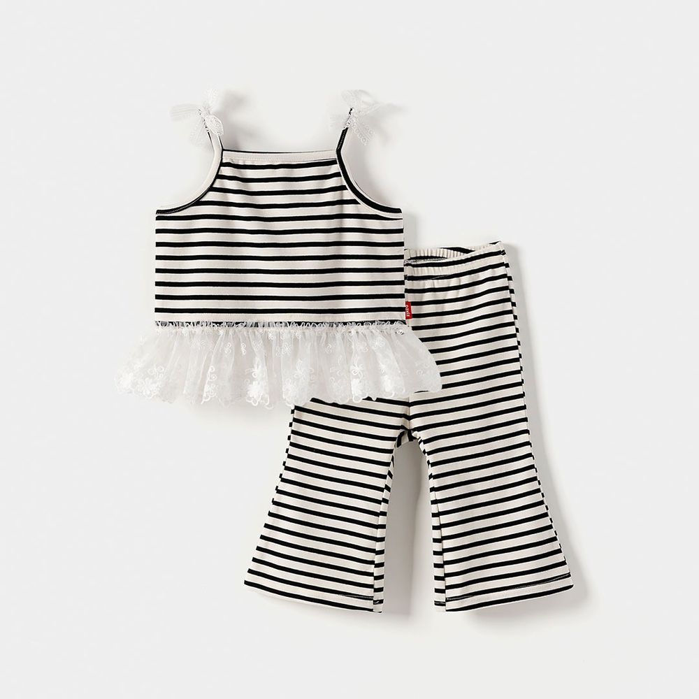 網紗蕾絲拼接條紋細肩帶上衣X喇叭褲套裝-黑X米白