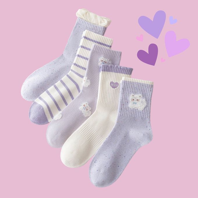 Nice紫色毛毛貓咪中筒棉襪