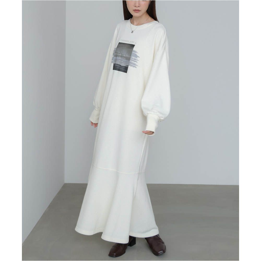 前後2way魚尾下擺休閒印花長袖洋裝-象牙