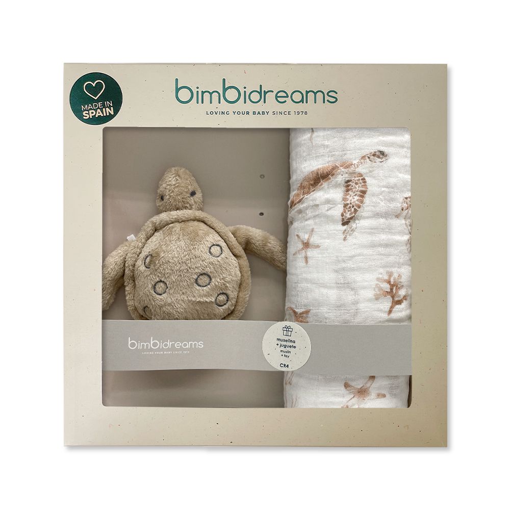 【bimbidreams】竹纖維紗布包巾+玩偶禮盒 120x120cm(寶寶新生兒禮 滿月禮 彌月禮 嬰兒禮盒 推車蓋毯 萬用巾 紗布被  哺乳巾 小被被 嬰兒毯)-小海龜