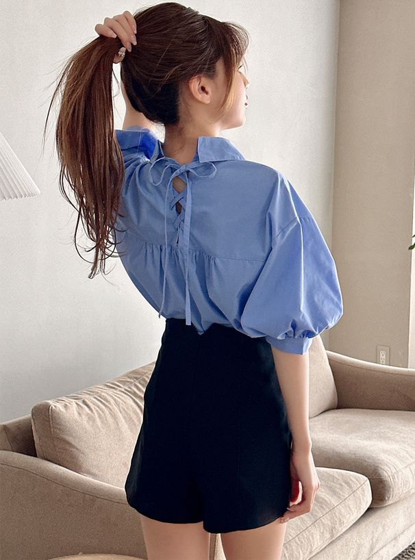 日本 GRL - 後綁帶翻領泡泡袖襯衫-米白 (F)