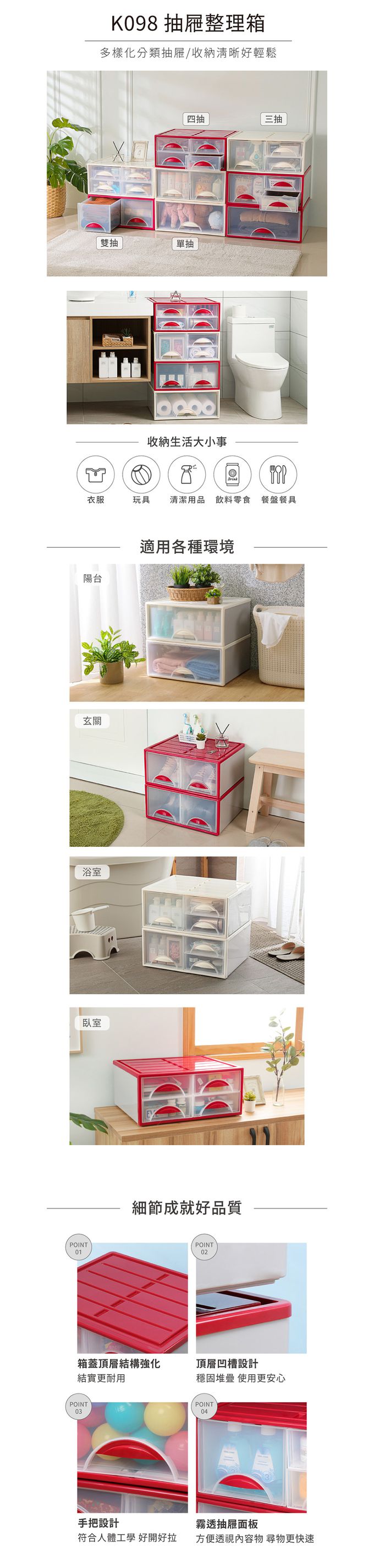 台灣KEYWAY - K0982 單層抽屜整理箱(雙抽)-2入-白