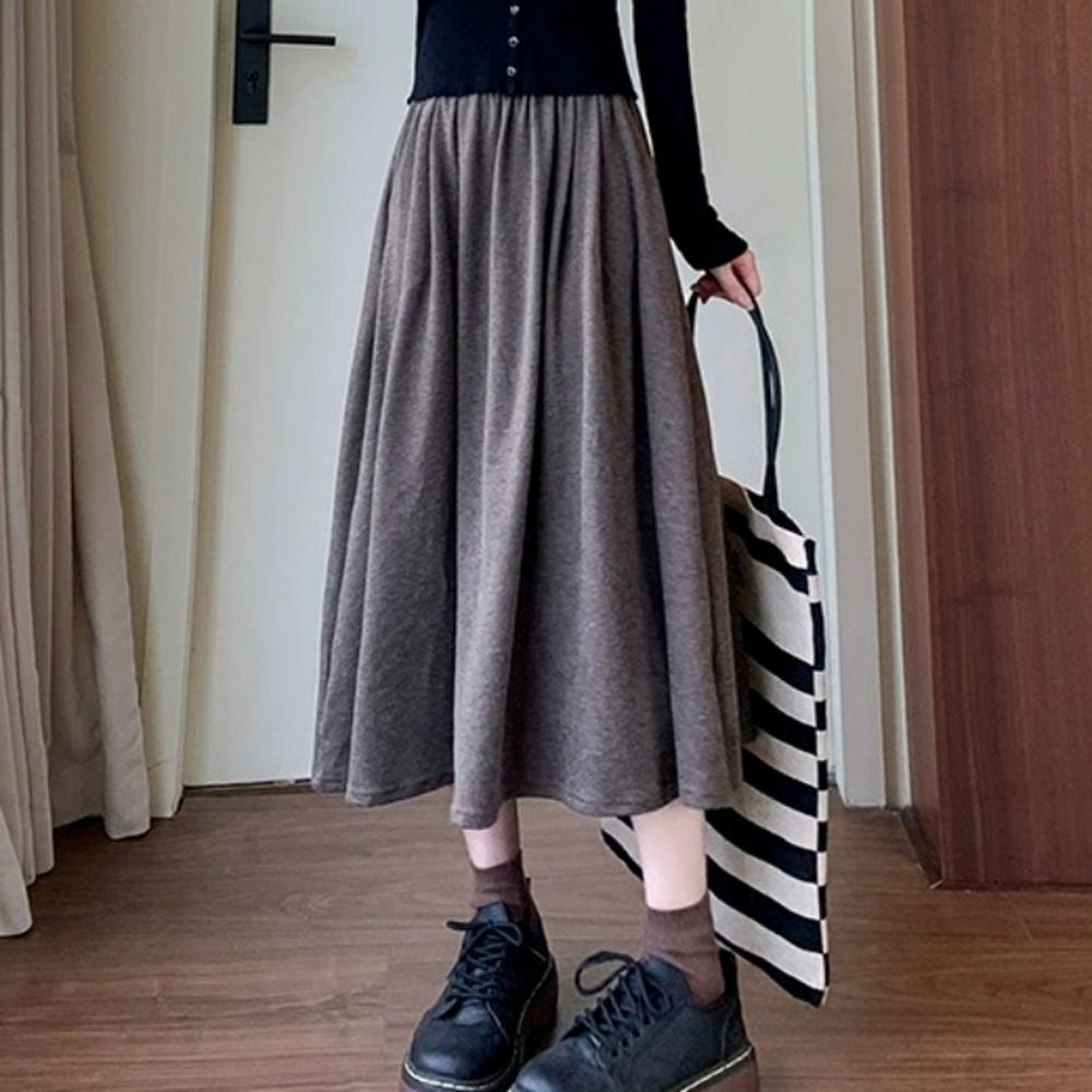 舒適鬆緊腰顯瘦抗皺A字中長裙-摩卡咖