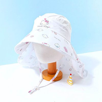 韓國配件連線 - 大帽簷卡通造型網眼遮陽/遮脖帽-卡通人物凱蒂貓-白 (頭圍約52~54cm)