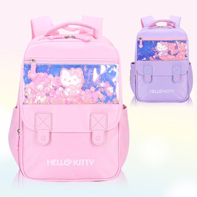 翻蓋式多隔層書包-卡通人物Kitty-紫色 (建議身高110-135cm)