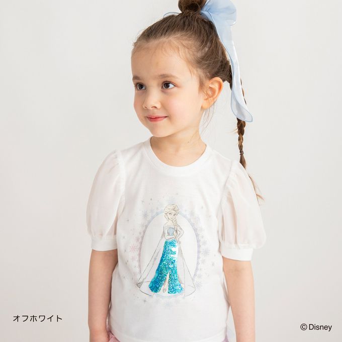 日本 BRANSHES - 迪士尼限定 亮片雪紡澎澎短袖上衣-卡通人物艾莎-白