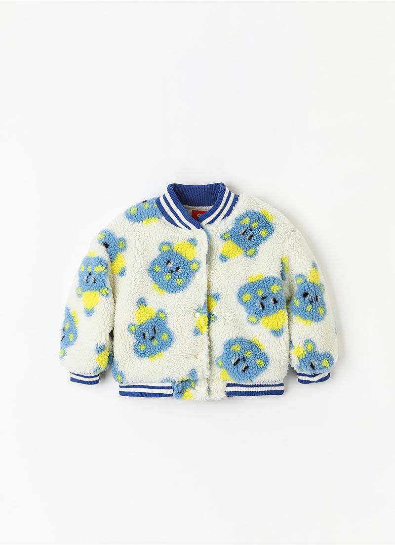 韓國 OZKIZ - 保暖毛絨絎縫內裡棒球外套-藍熊熊