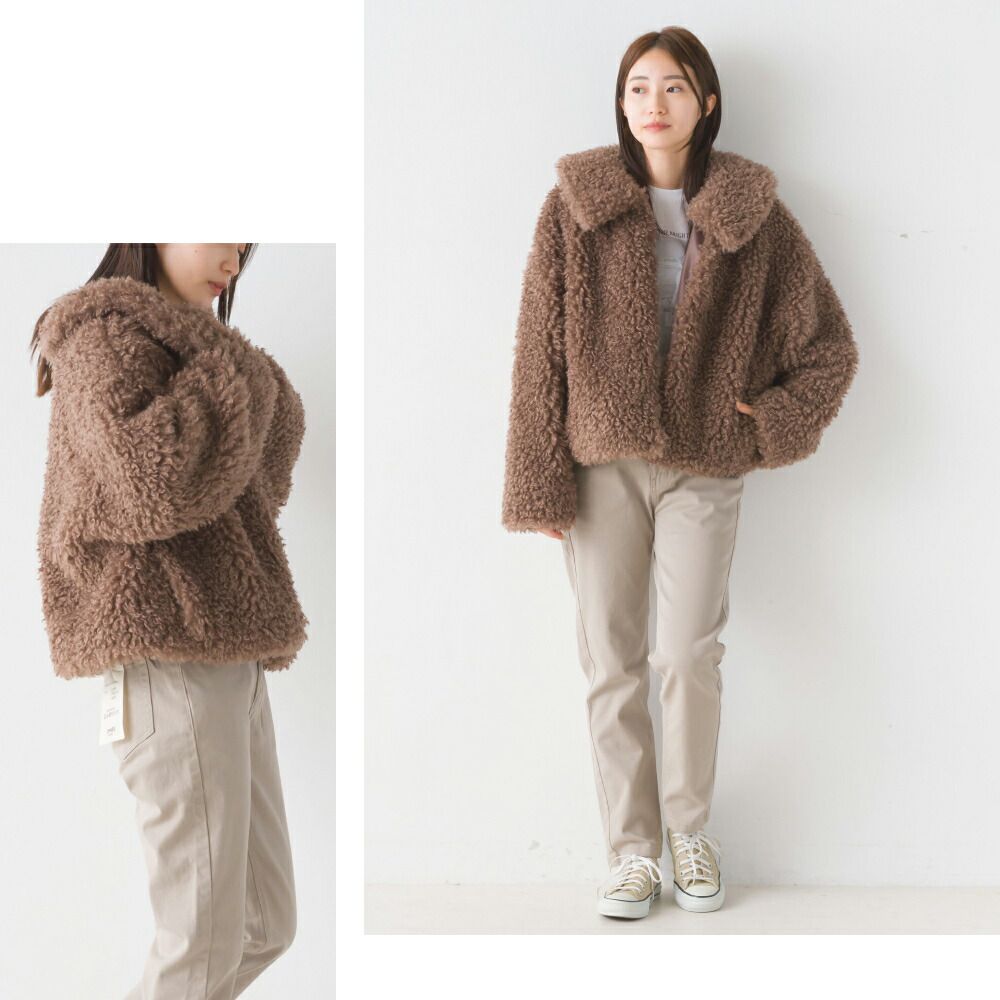 日本 OMNES - 可愛泰迪熊翻領毛絨外套-摩卡
