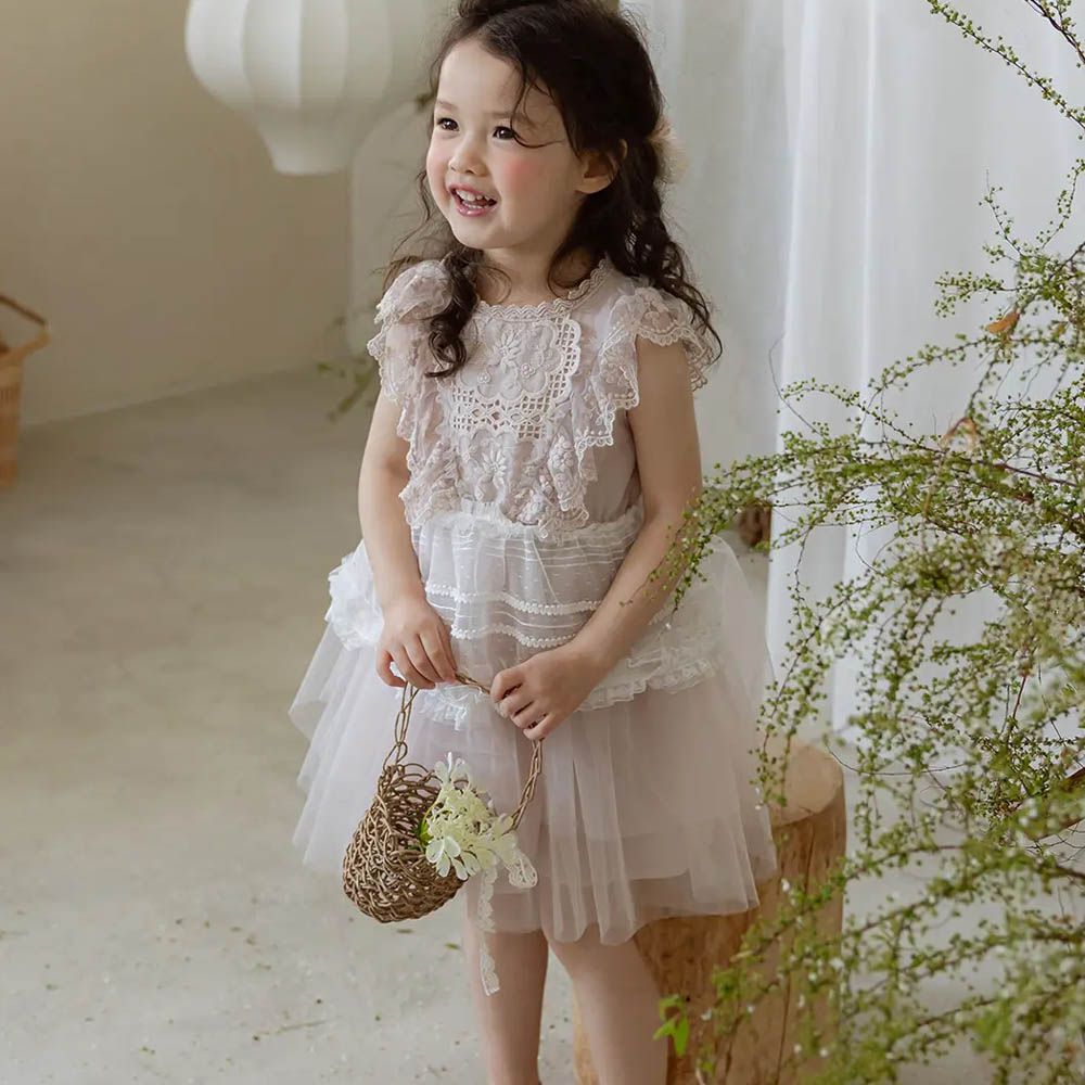 夢幻花蕾絲蓬蓬公主洋裝-藕粉