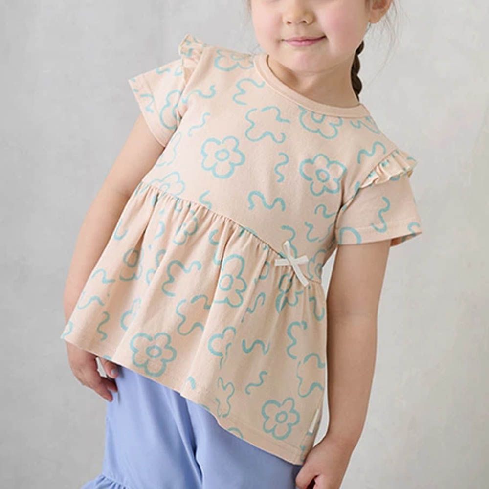 荷葉袖傘狀層次短袖上衣-花朵-淡橘