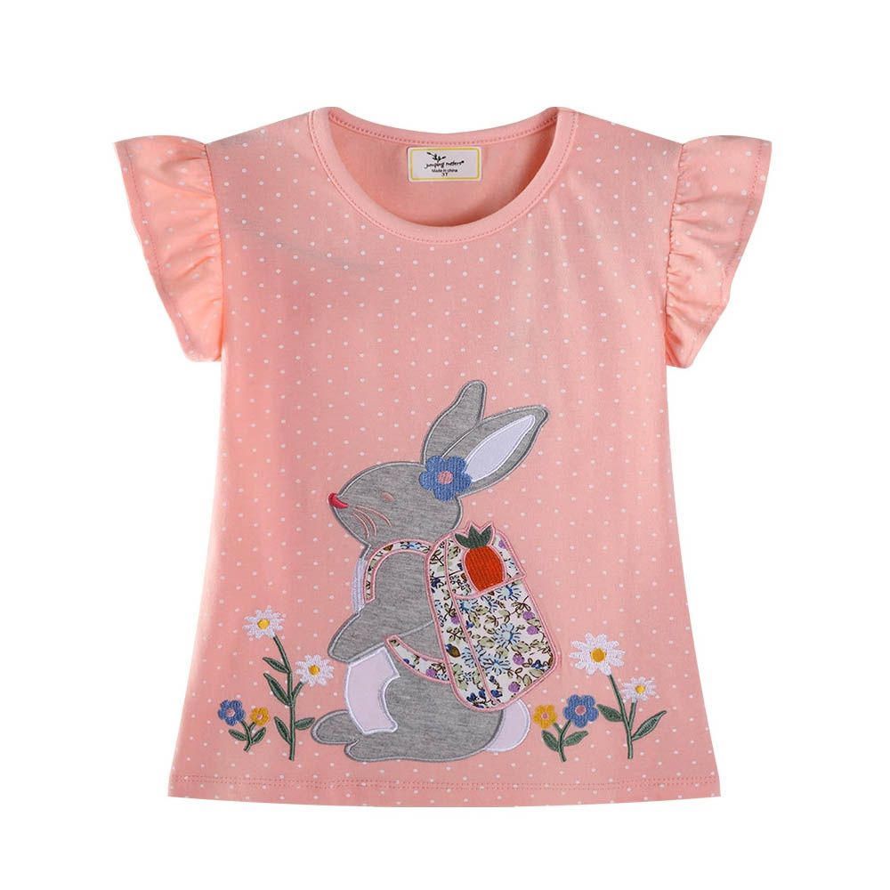 棉質圓領小飛袖上衣-花卉小兔-粉色點點