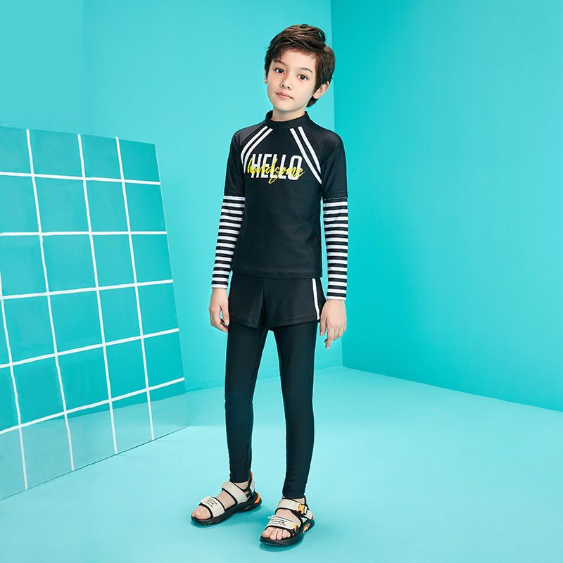 男寶運動風長袖泳衣套裝-HELLO-黑色