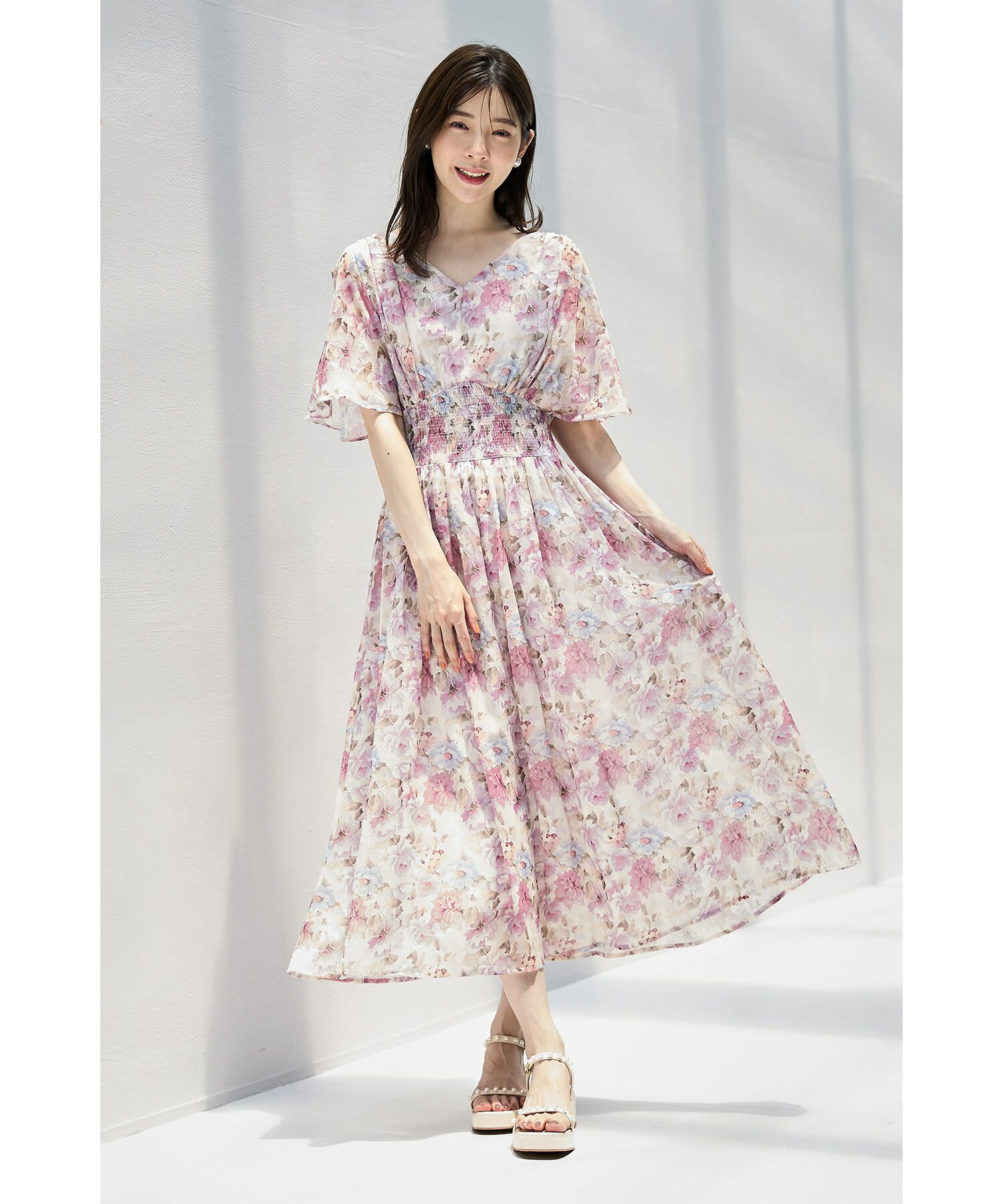 日本 tocco-closet - 後綁帶浪漫暈染碎花雪紡洋裝-水藍