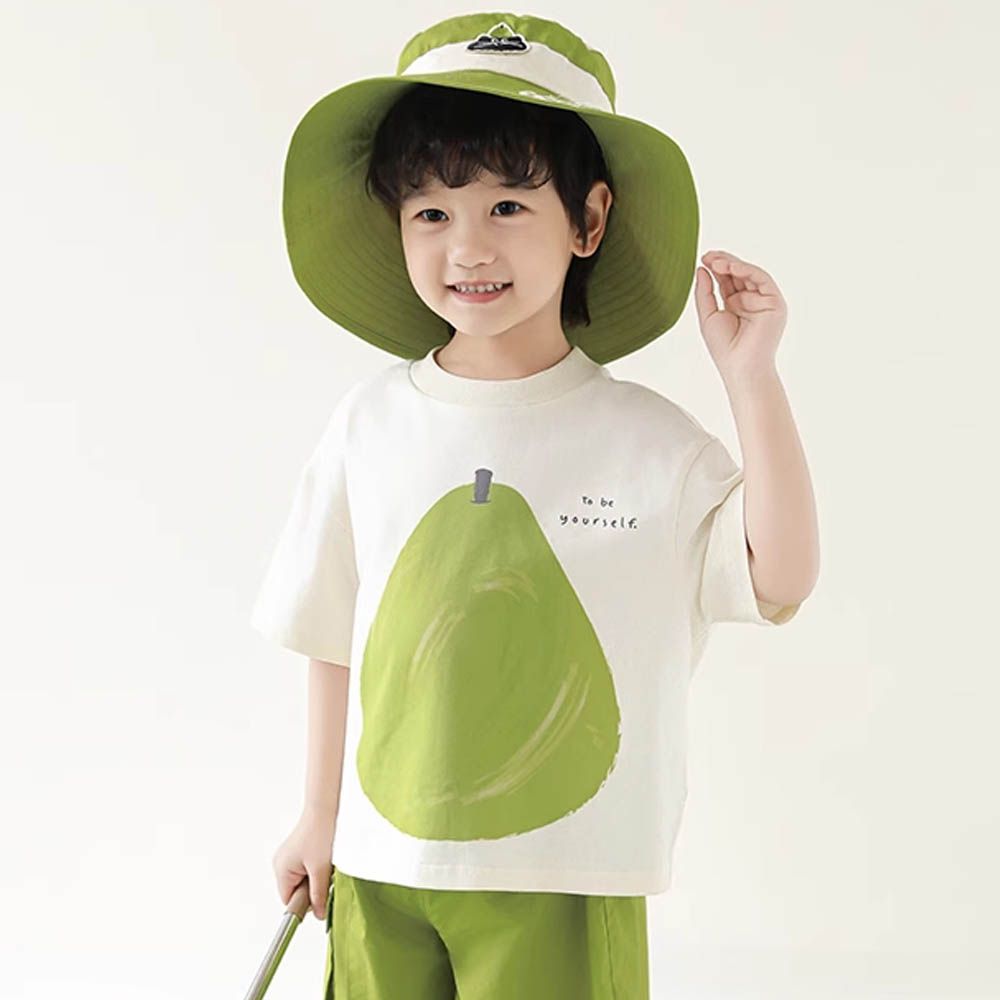 棉質圓領休閒短袖上衣-水梨-米白