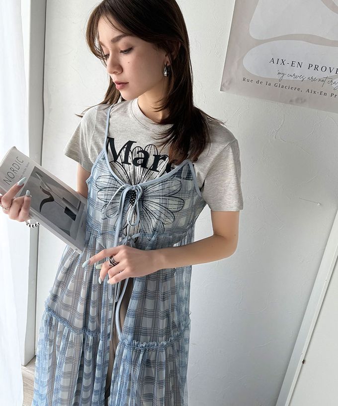 日本 Classical Elf - 絕美透膚格紋細肩帶薄紗罩衫-藍