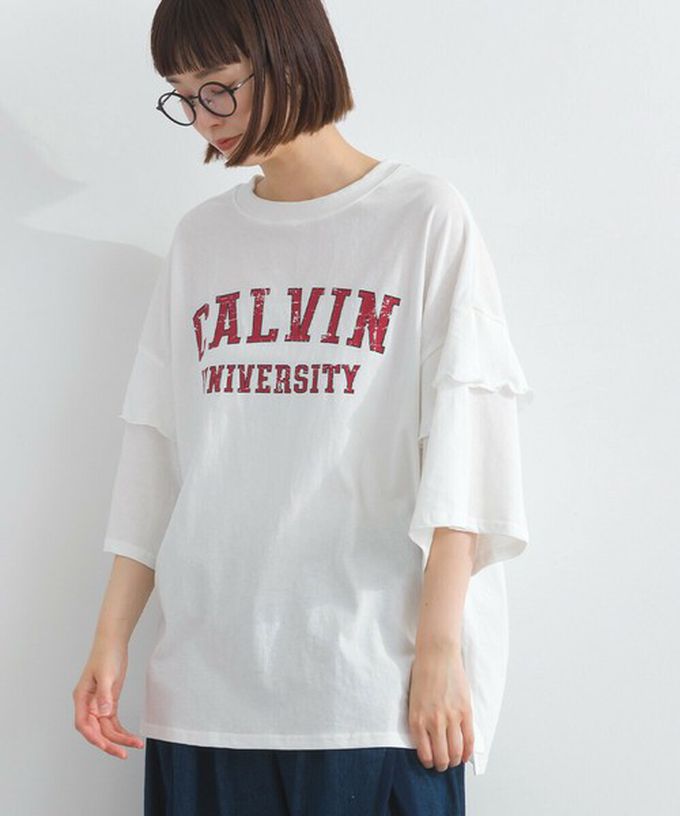 日本 Lupilien - 接觸冷感 學院風印花荷葉寬袖上衣-橘