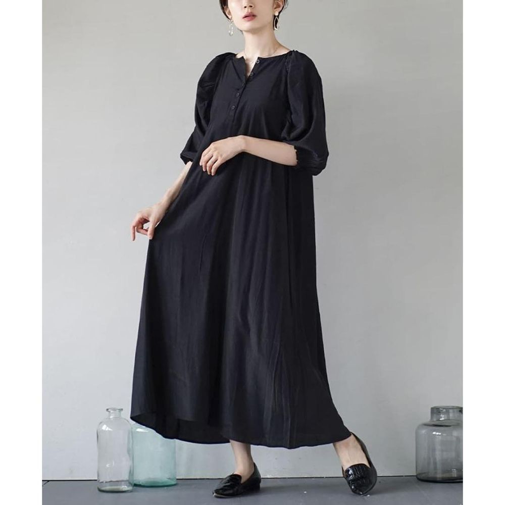 日本 zootie - 文藝感泡泡袖修身長洋裝-黑