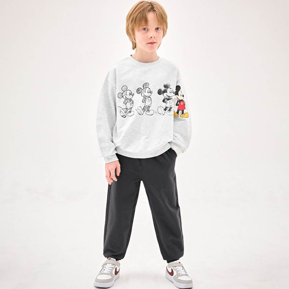 (聯名款)素描卡通人物米奇長袖套裝-淺灰X墨灰