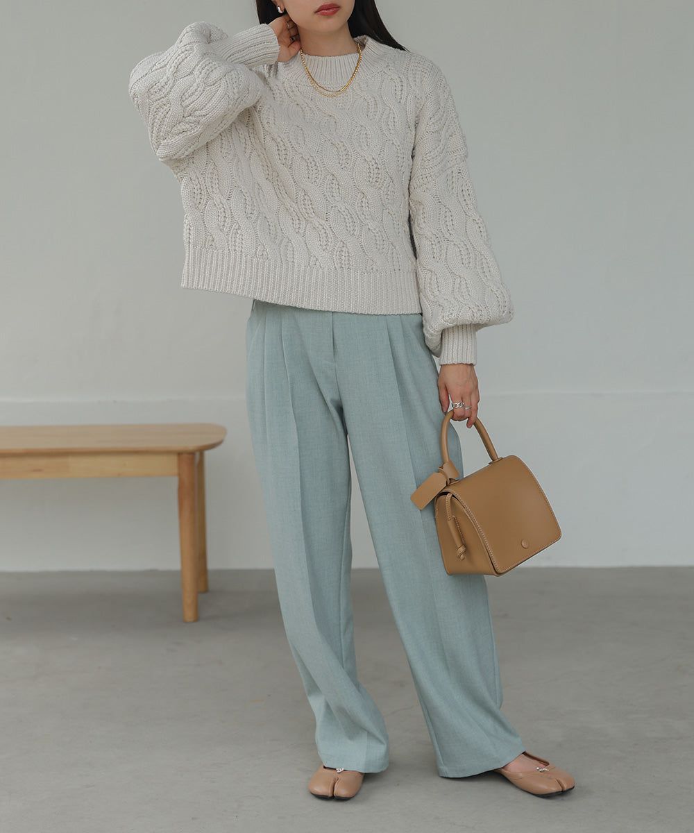 日本 Bab - 麻花編織圓領泡泡袖毛衣-粉膚