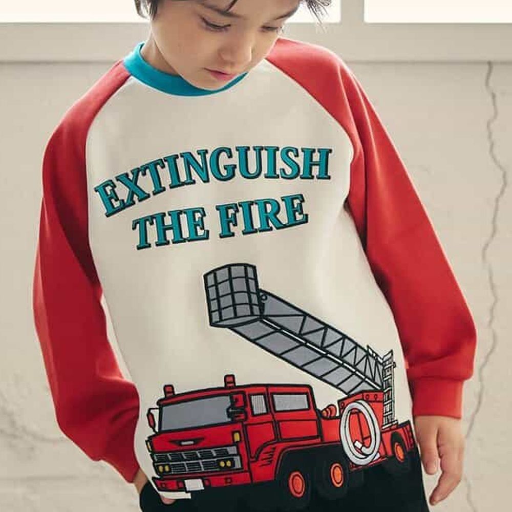 男孩最愛醒目印花裏毛長袖上衣-消防車-紅