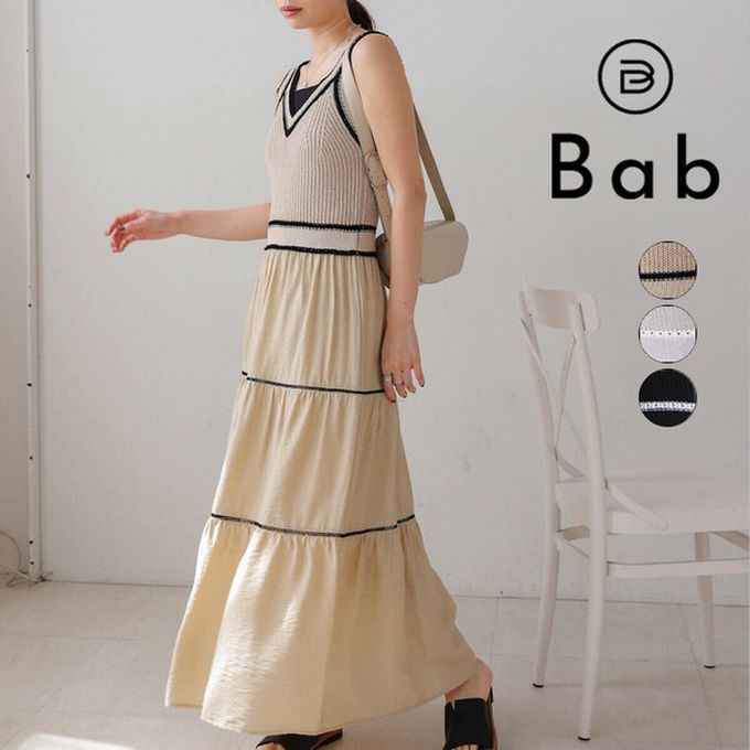 日本 Bab - 純棉針織拼接渡假風無袖洋裝-淺灰綠