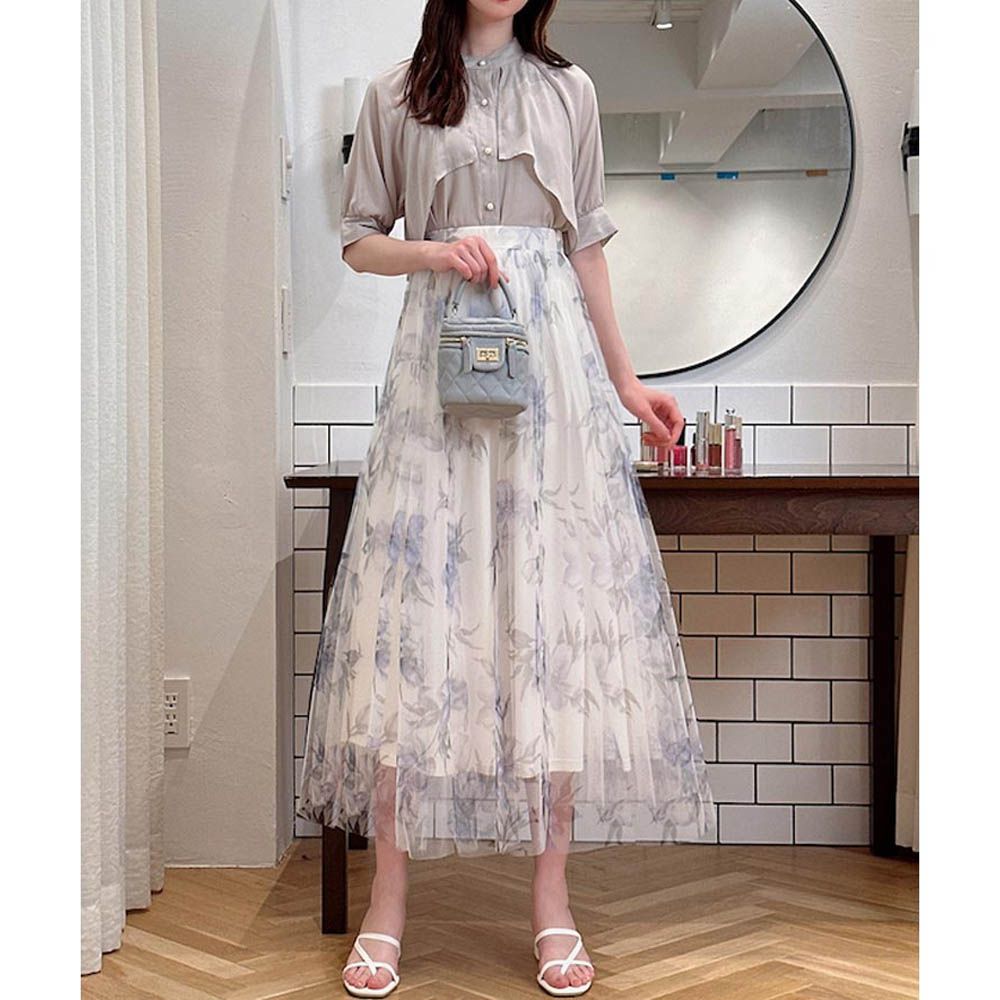 夢幻雙層紗花紋拼接長裙-白x藍