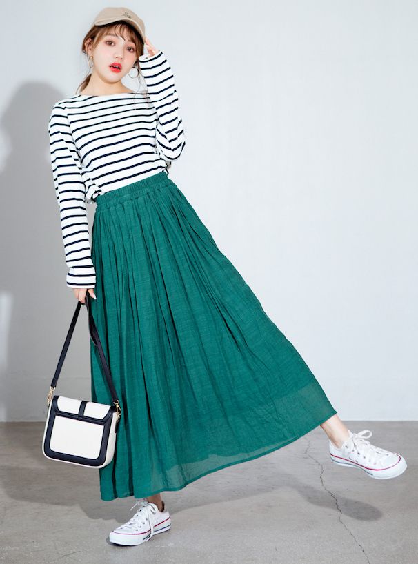 日本 GRL - 顯瘦剪裁圓領薄長袖上衣-條紋-粉紫x白 (F)