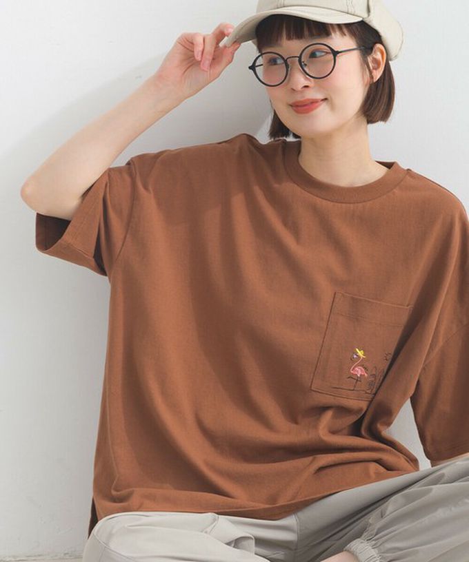 日本 Lupilien - 16支天竺棉俏皮動物刺繡寬大口袋T恤-粉紅