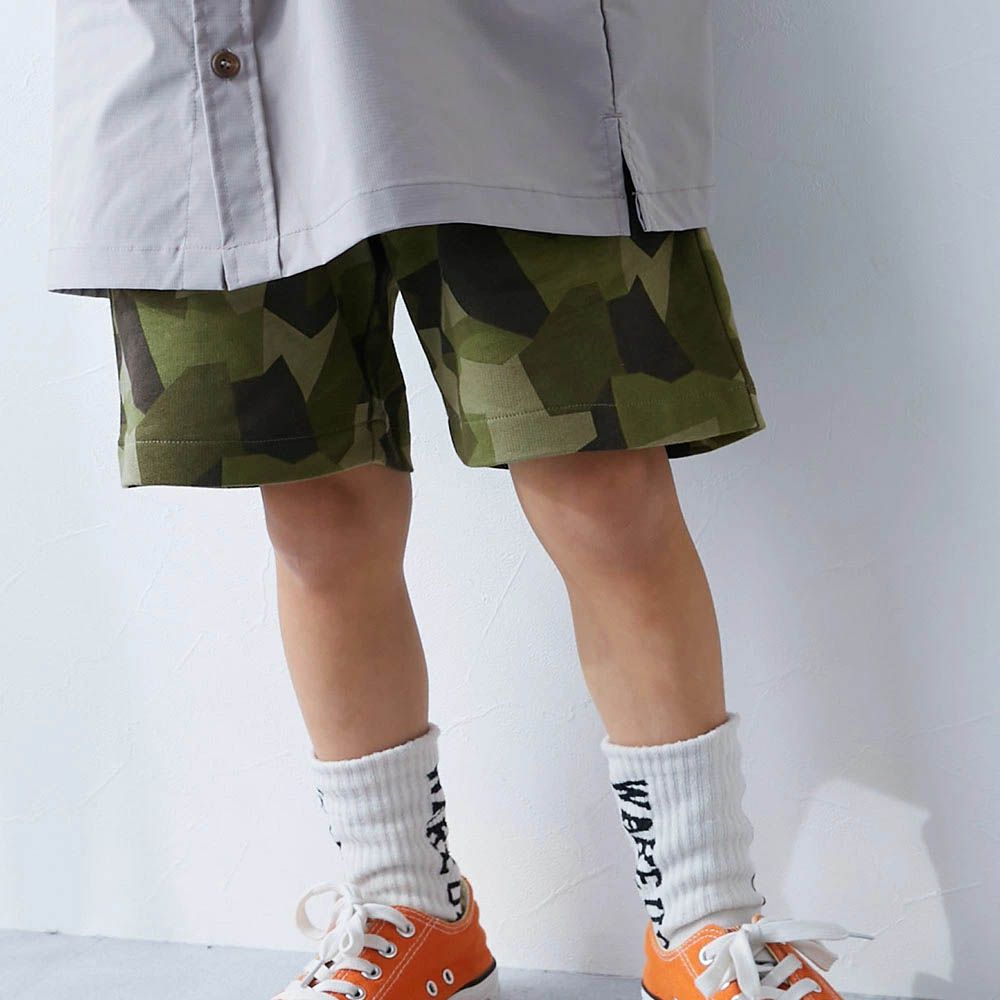 夏日印花純棉寬版短褲-迷彩-軍綠