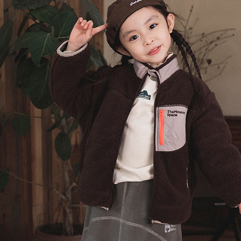 羊羔絨感拼色小立領外套-棕色