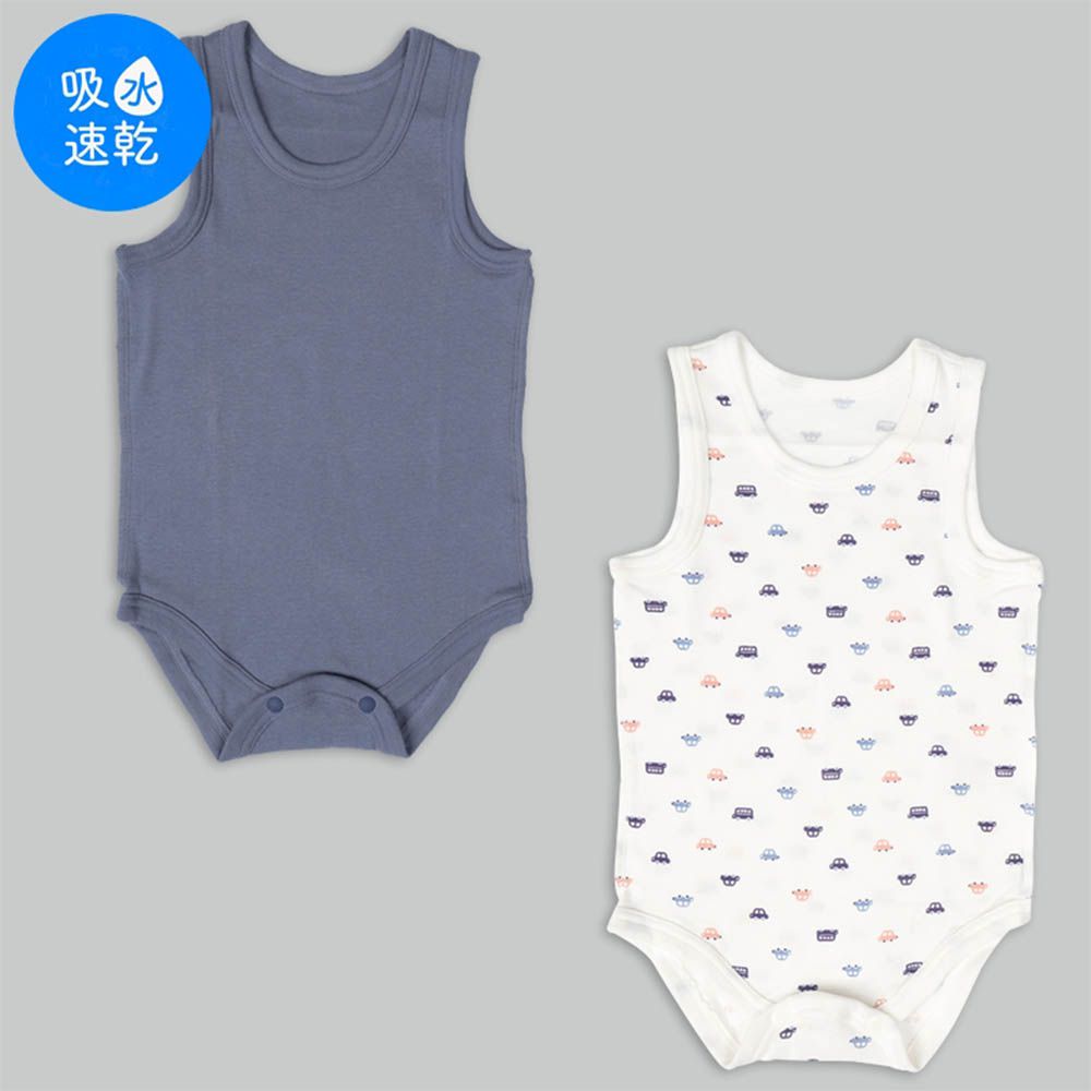 無袖速乾包屁衣2件組套頭式-車子-藍色